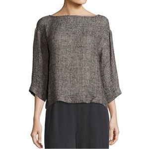 Eileen Fisher Linen Lagenlook gauzy grey black box top blouse bateau neckline M